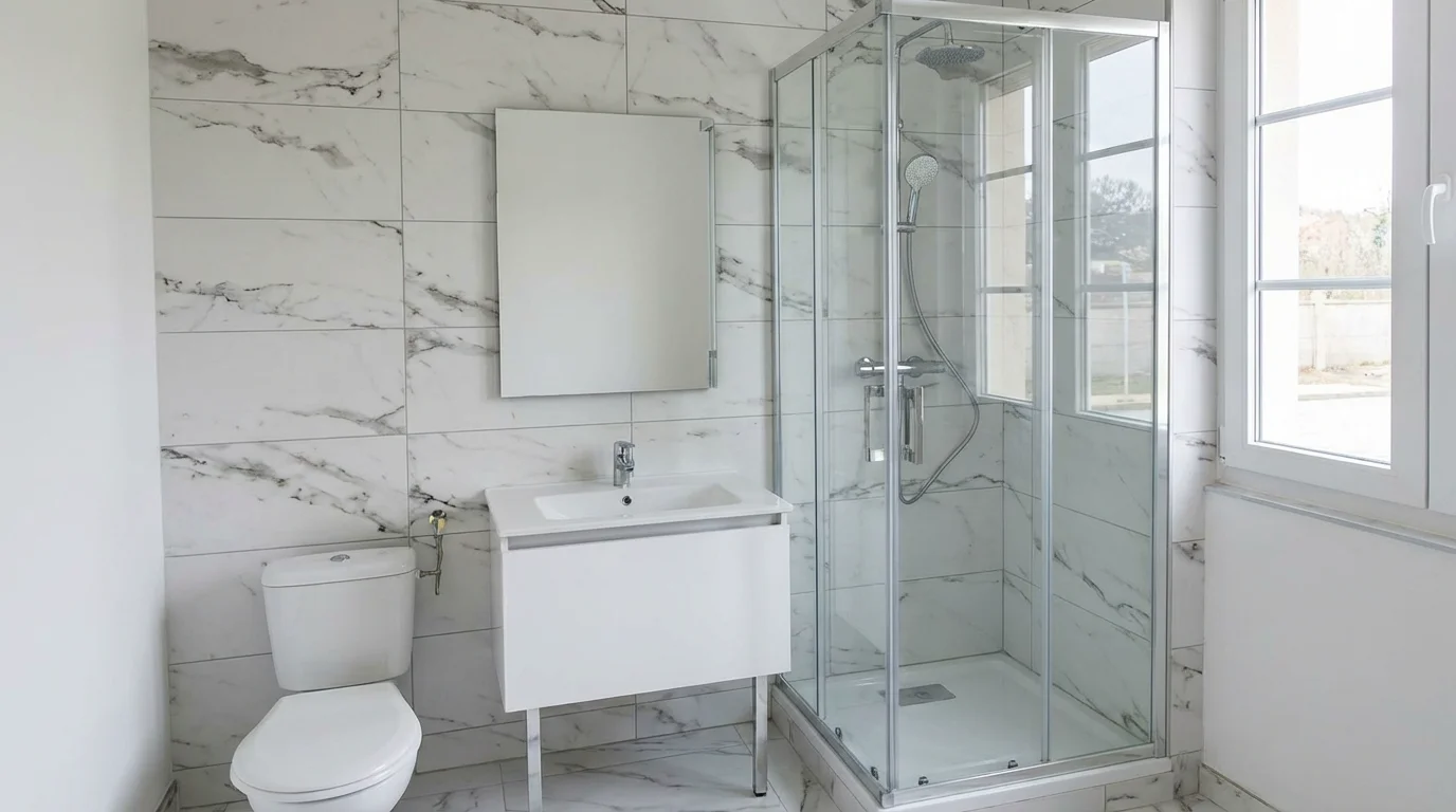 Salle de bain marbre blanc et cabine de douche - ID HABITAT Saumur Bourgueil